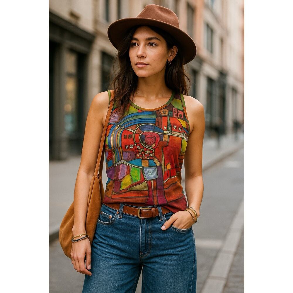 AVENTURES DES TOILES Francis Berthault French Bold Abstract Art Tank Top Size 38